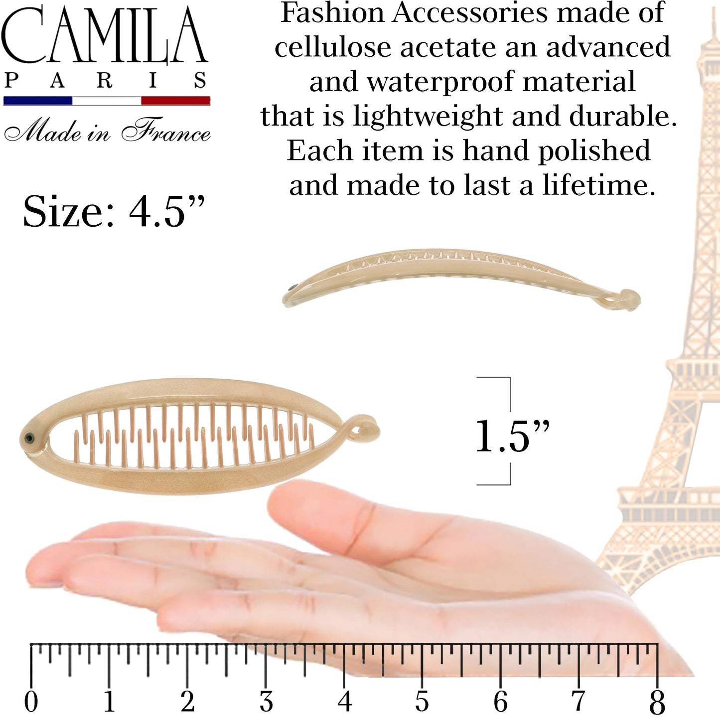 Camila Paris CP3133 4.5 inch French Banana Clip Hair Comb Classic Girls Updo Flexible Ponytail Holder Interlocking Banana Combs, Fashion Durable