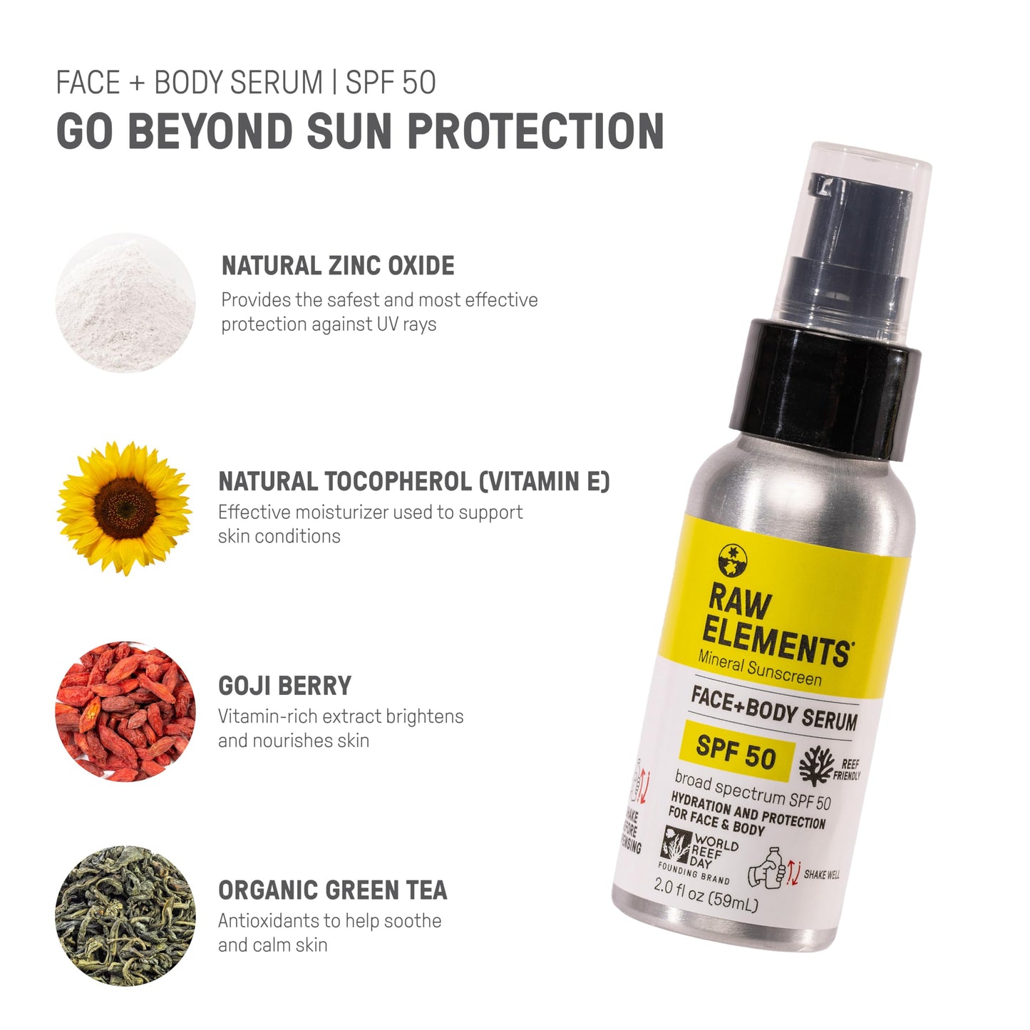 Raw Elements Face + Body Serum SPF 50 All-Natural Mineral Sunscreen - Reef Safe, Water Resistant, Broad Spectrum UVA/UVB Protection, Safe For All