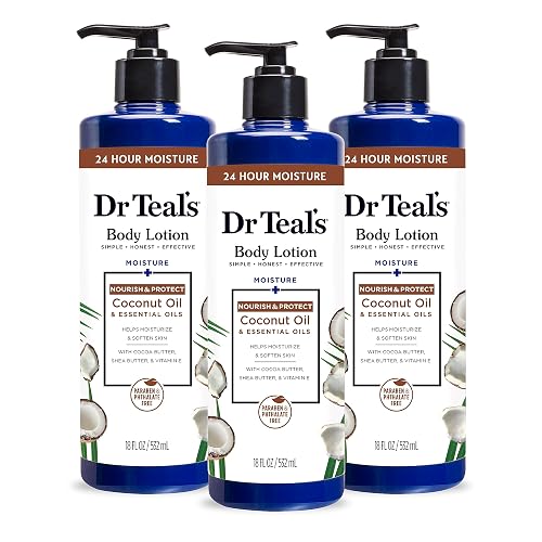 Dr Teal's 24 Hour Moisture+ Body Lotion, Coconut Oil & Essential Oils, 18 fl oz (Pack of 3)