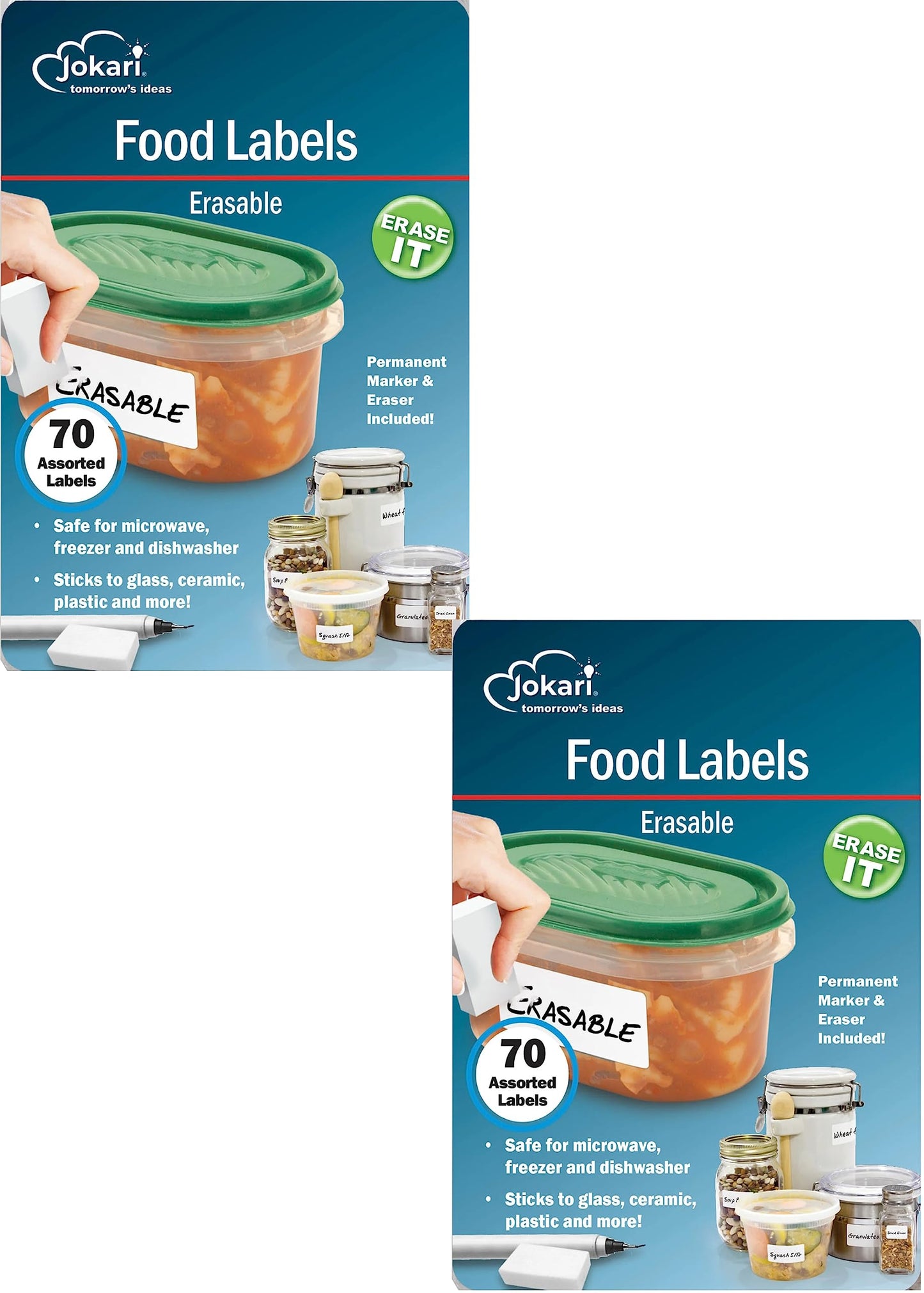 Jokari Erasable Food Storage Labels 2 Pack - 140 Reusable Stickers with Marker and Eraser - Dishwasher Freezer Microwave Safe Adhesive for Plastic…