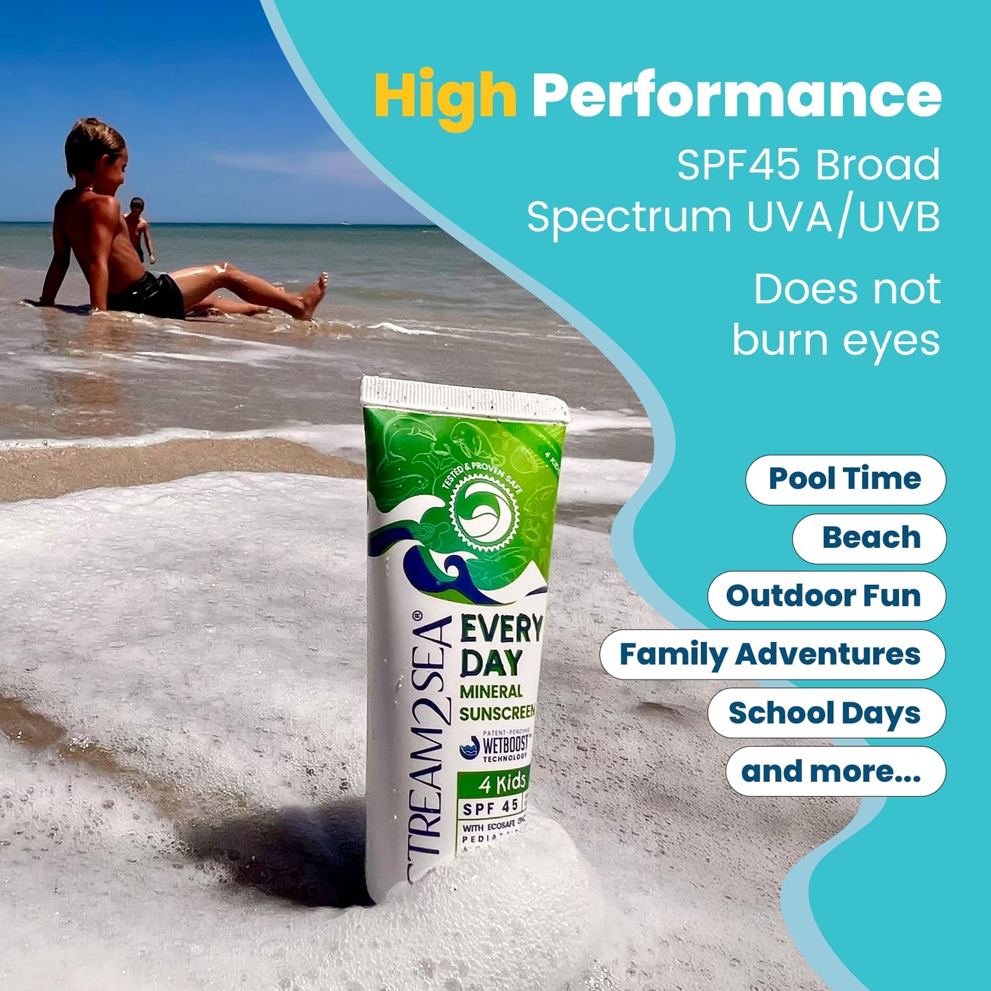 SPF 45 Every Day Kids Mineral Sunscreen | 2.5 Fl Oz Biodegradable, Paraben Free & Reef Safe Sunscreen for Face & Body for Kids | Non-Greasy