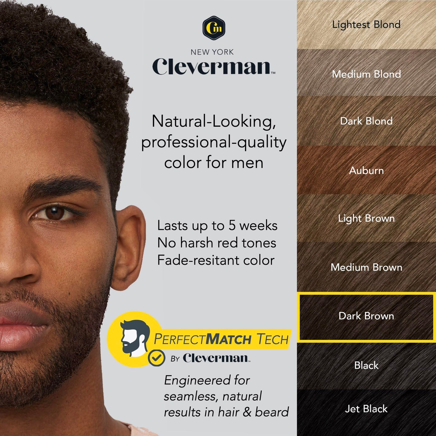 Reusable Hair & Beard Dye for Black Men - Dark Brown 3.1 | Up to 5 Uses, 7 Minutes | Natural Gray Coverage, No-Drip Cream with SkinArmour® - Cleverman