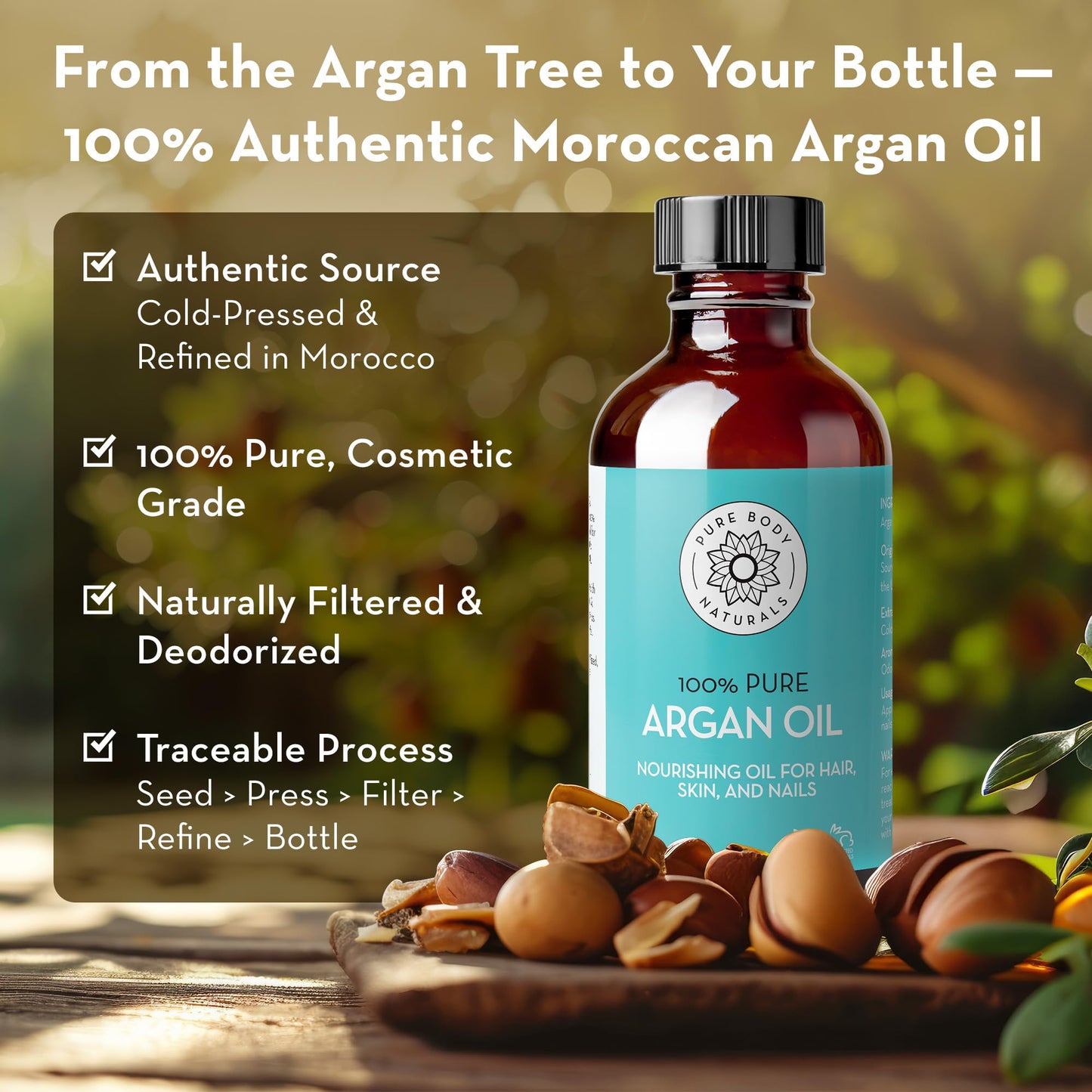 Pure Body Naturals Argan Oil for Skin and Face - 4 fl oz Cold Pressed, Light, Non-Greasy, Nourishing Pure Argan Oil for Hair - Aceite de Argan