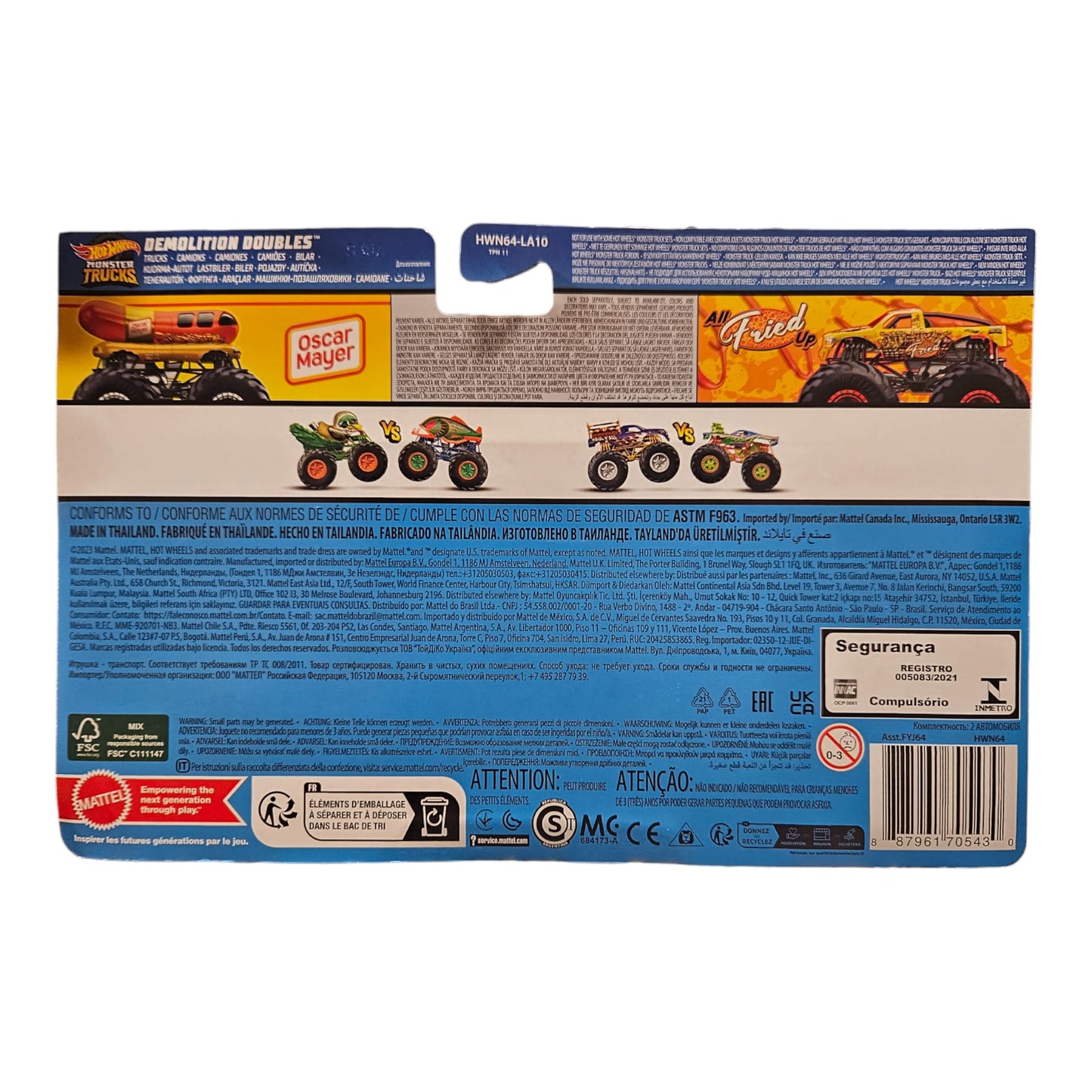 Hot Wheels Monster Trucks Demolition Doubles Oscar Mayer Weinermobile Vs All Fried Up 2 Pack. 1:64 Scale.