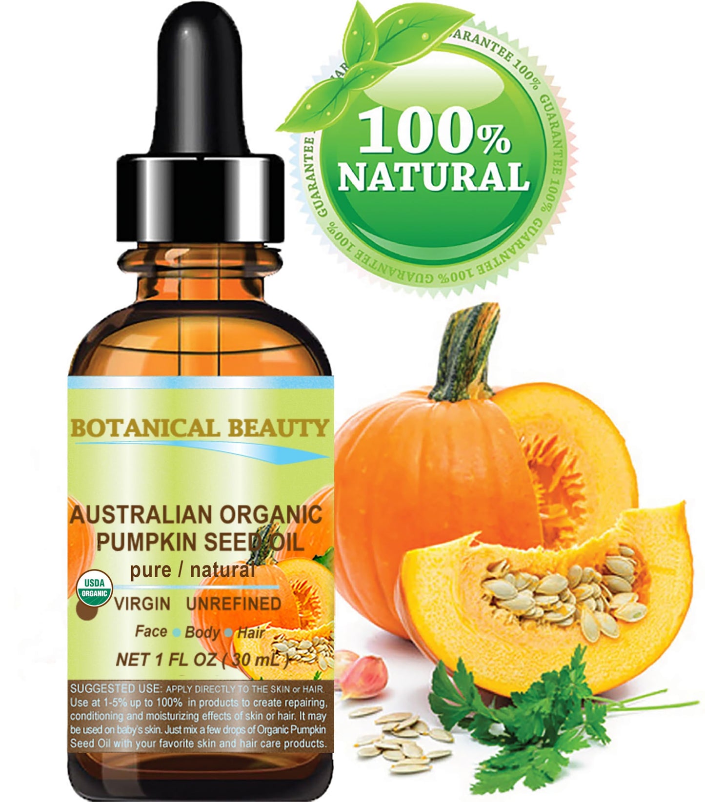 Botanical Beauty Australian ORGANIC PUMPKIN SEED OIL 100% Pure Natural Virgin Unrefined Cold Pressed Carrier Oil. 1 Fl.oz.- 30 ml. for Face, Skin