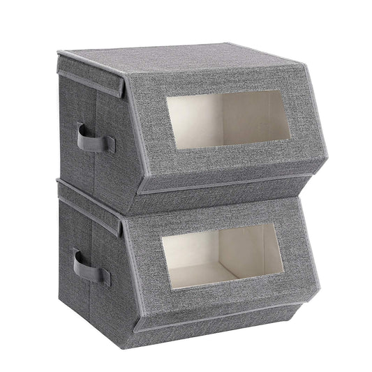 SONGMICS Stackable Storage Bins Set of 2, Storage Boxes with Lids and Front Windows, Non-Woven Fabric Closet Organizers with Magnetic Closures, Side…