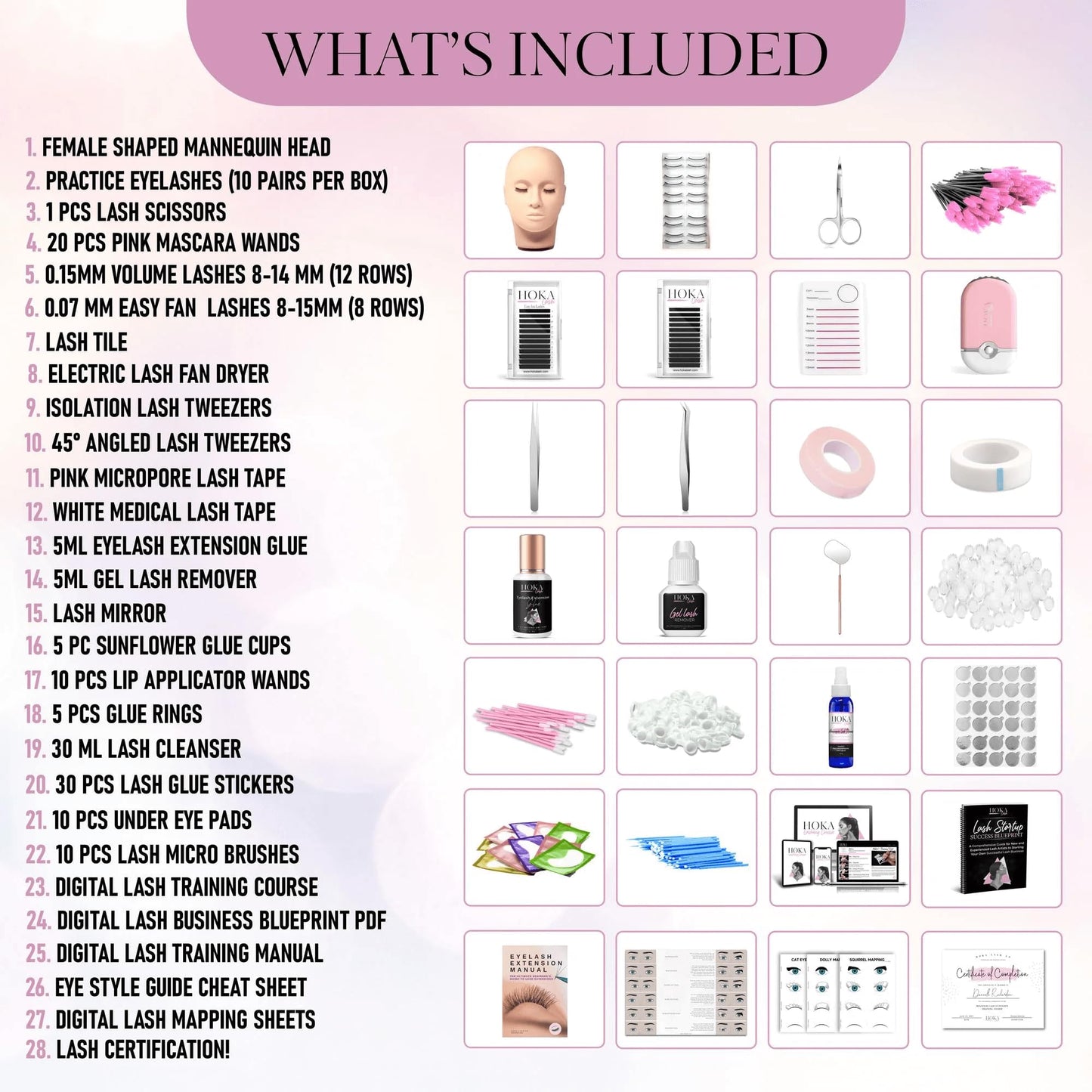 Hoka Lash Eyelash Extension Kit & Training Course and Certification, Professional Lash Extension Kit for Beginners Includes Practice Mannequin Head