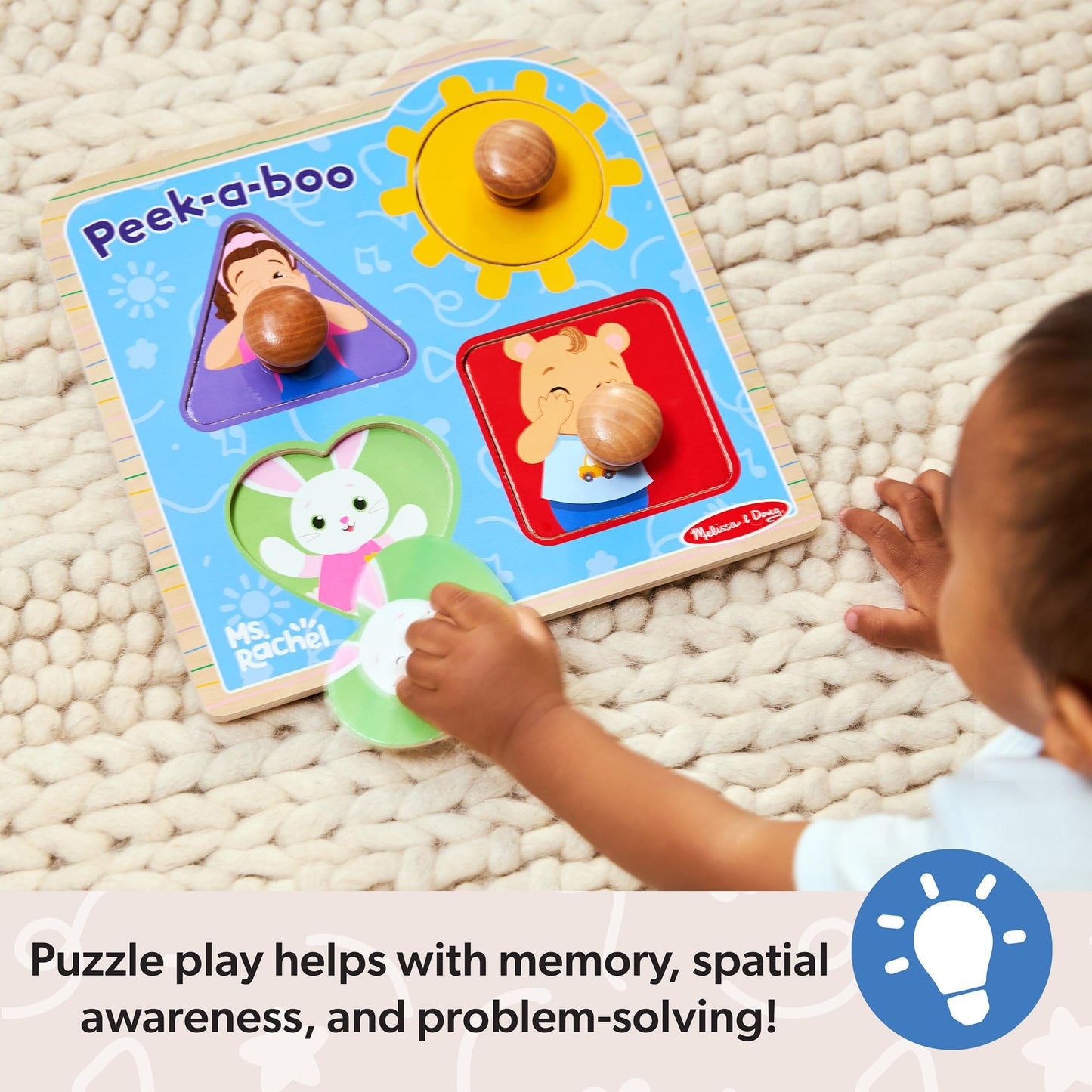 Melissa & Doug® Ms. Rachel™ Wooden Peek-a-Boo Jumbo Peg Puzzle, 4-Piece with Mirror, Toddler Toys for Boys and Girls Ages 1+ Years