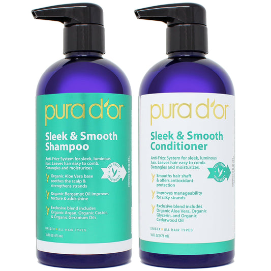 PURA D'OR Sleek & Smooth Shampoo and Conditioner Set For Frizz-Free & Silky Smooth Hair, Infused with Organic Aloe Vera, Argan Oil, Castor Oil