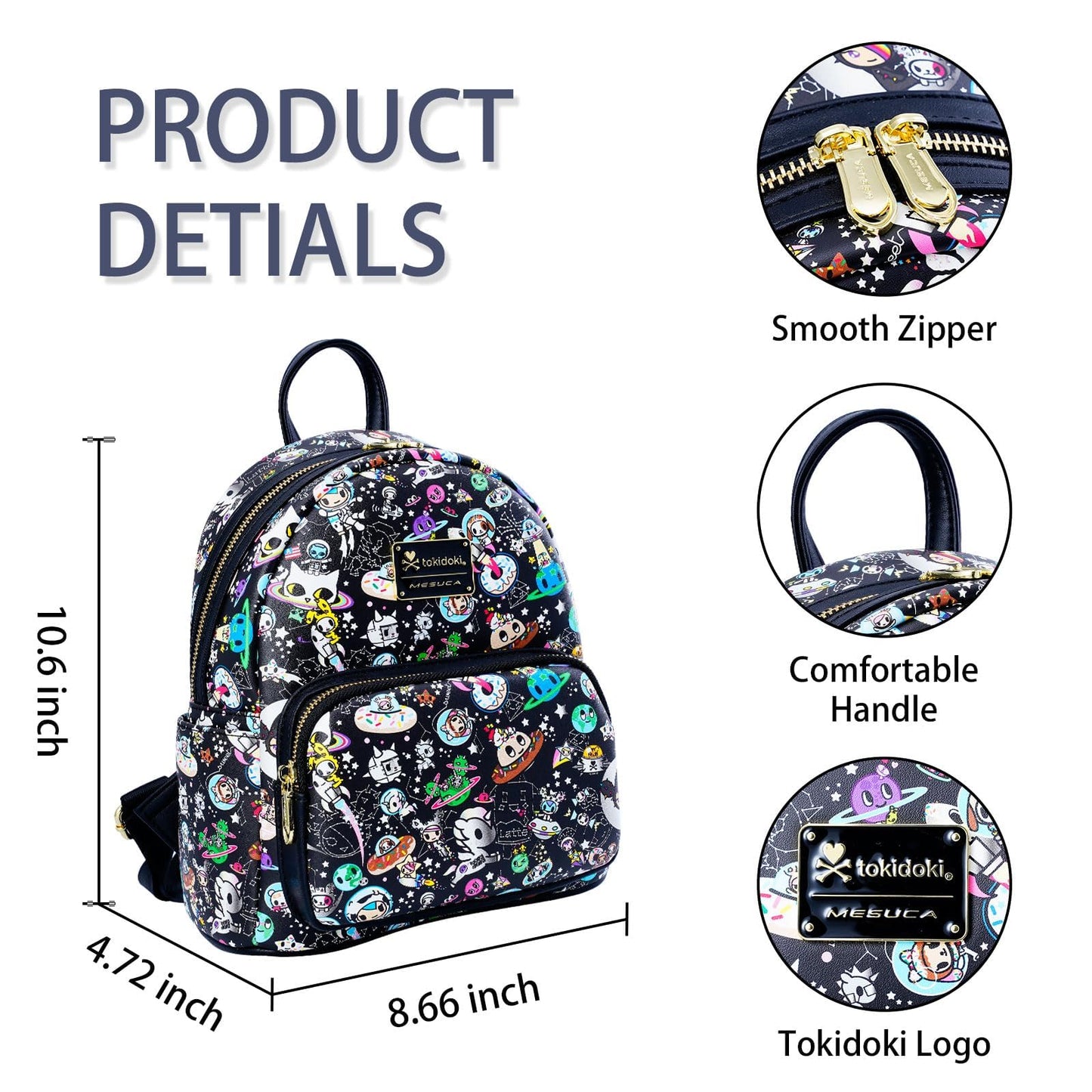 Tokidoki Mini Backpack Purse for Women, Unicorno Black PU Leather Shoulder Bag Daypack Handbag for Work Shopping Travel (PU-Black)