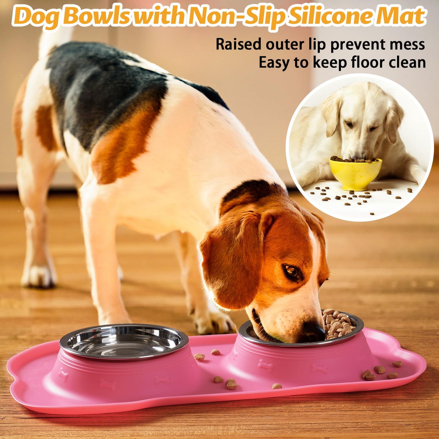 Hubulk Pet Dog Bowls Set – 2 Stainless Steel Bowls with No Spill Non-Skid Silicone Mat & Pet Food Scoop – For Small, Medium, Large Dogs & Cats (Pink)