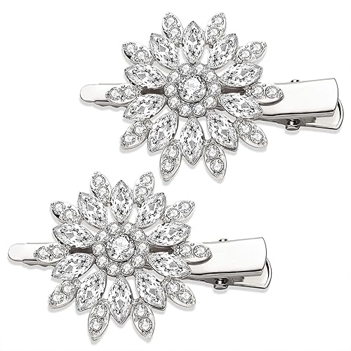 Crystal Hair Clips Large Sparkle Rhinestone Flower Design Alligator Metal Clip Non-Slip Floral Duckbill Hairpins Bling French Fancy Hair Barrettes