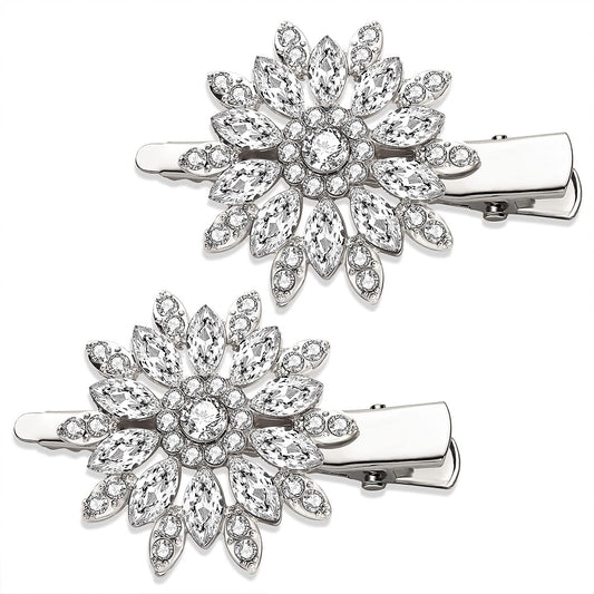 Crystal Hair Clips Large Sparkle Rhinestone Flower Design Alligator Metal Clip Non-Slip Floral Duckbill Hairpins Bling French Fancy Hair Barrettes