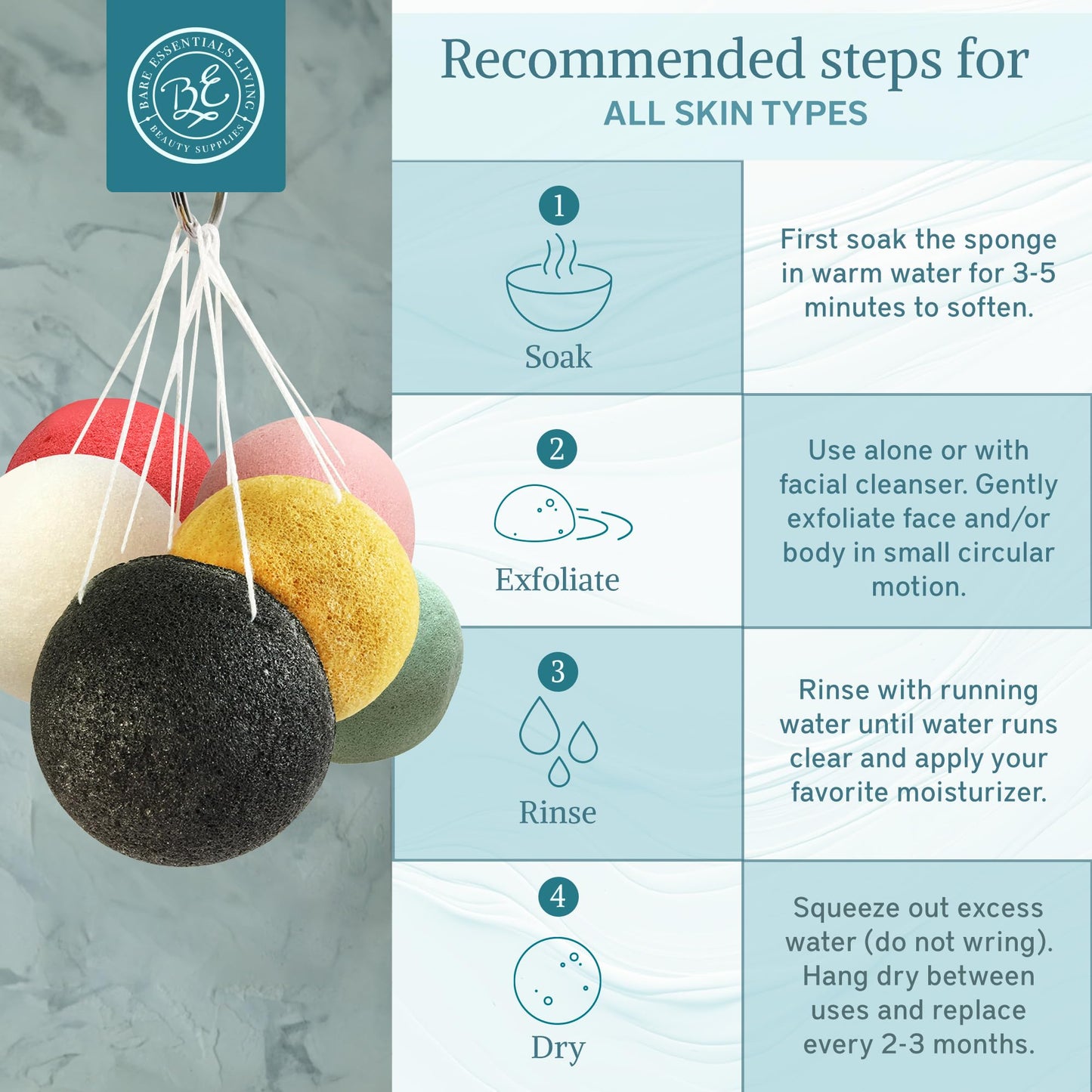 Bare Essentials Living - Konjac Sponges Set (12 Pack) with Activated Bamboo Charcoal Facial Sponge, Natural, Great for Facials, Bath, and Exfoliating