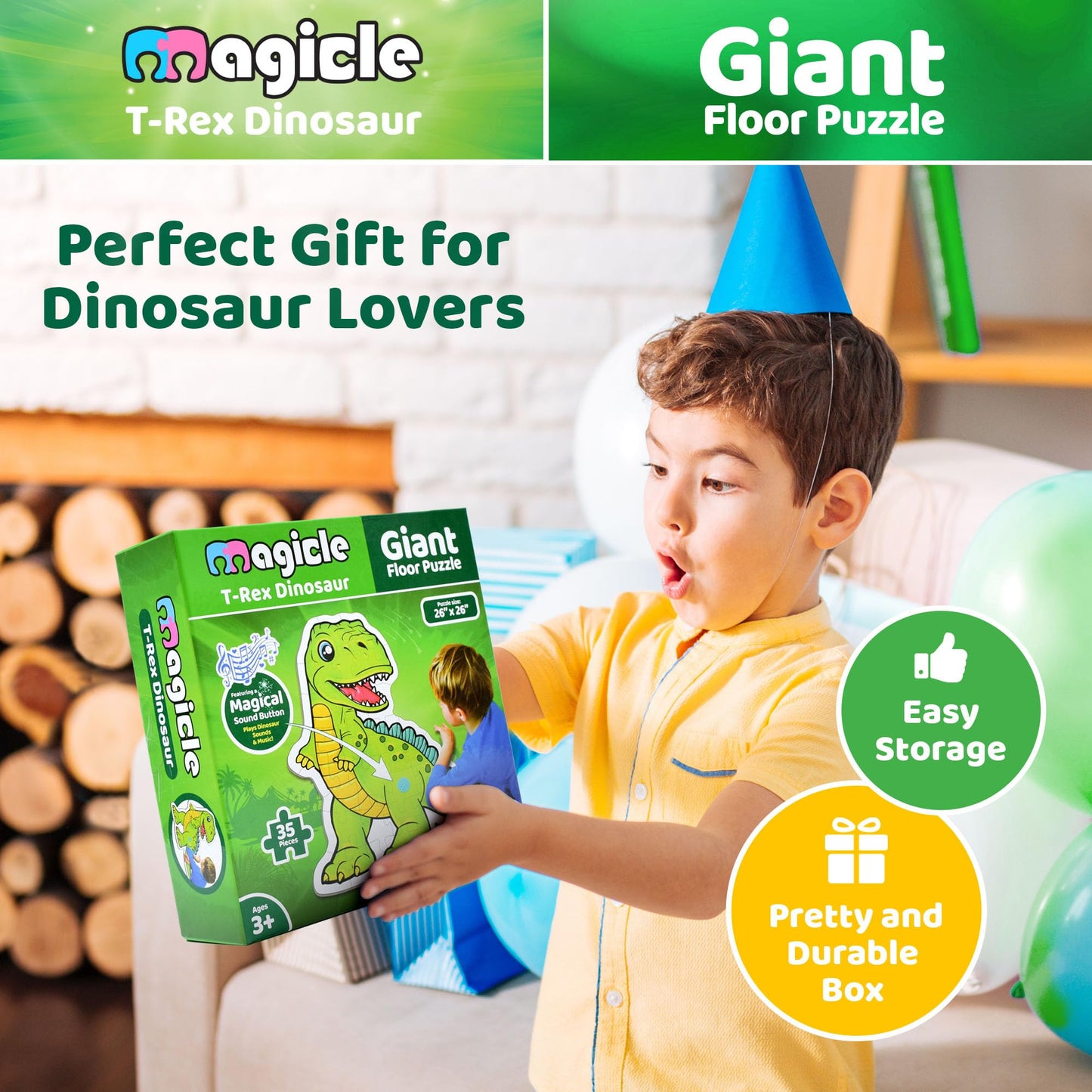 Dinosaur Giant Floor Puzzle with Sounds – 35-Piece Extra Thick Puzzle Toy for Kids Ages 3–8, Educational Dinosaur Toy & Gift