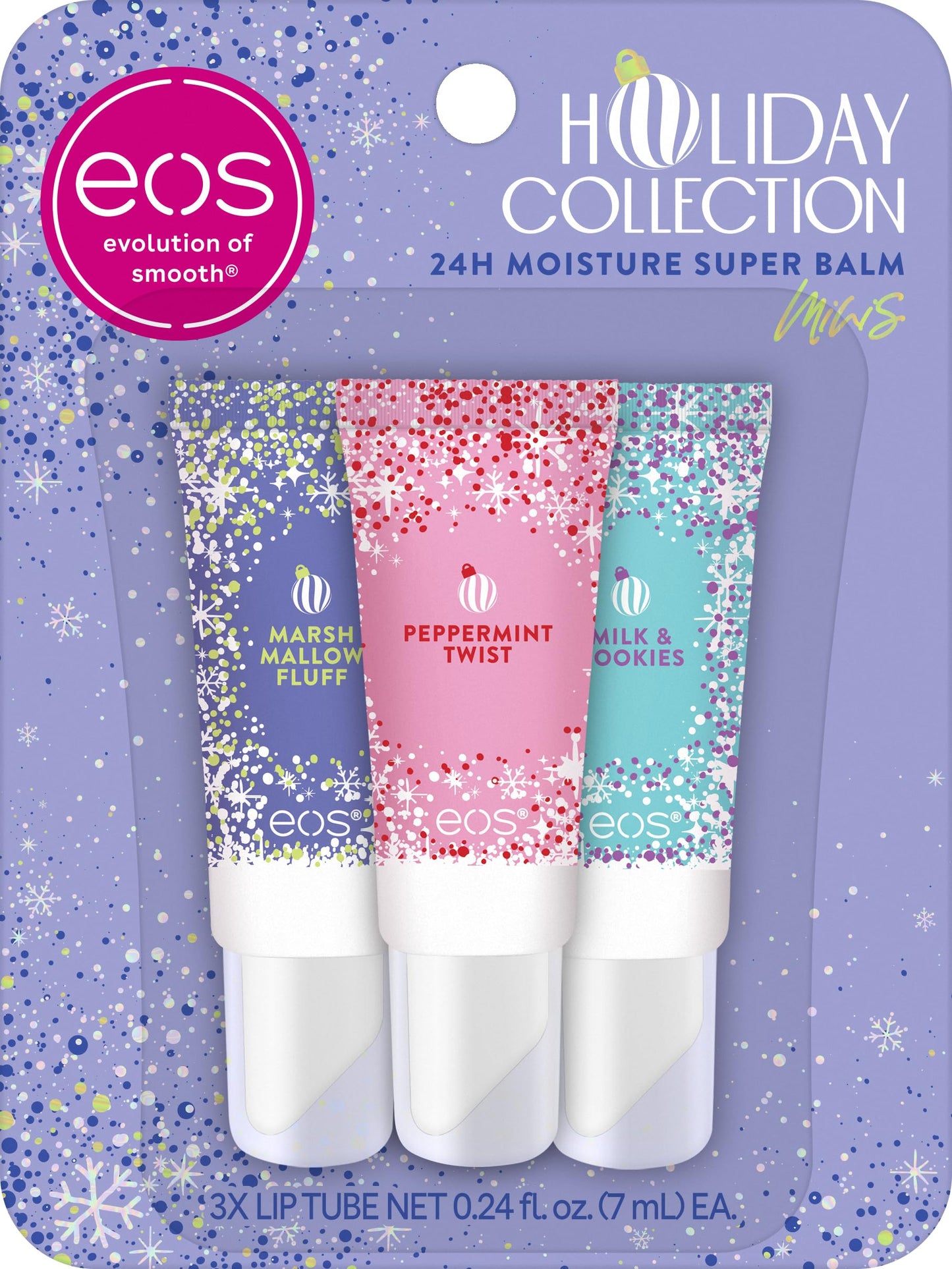 eos Holiday 24H Moisture Mini Super Balm Set, Peppermint Twist, Milk & Cookies, Marshmallow Fluff, Limited Edition Lip Care, Stocking Stuffers, 0.24