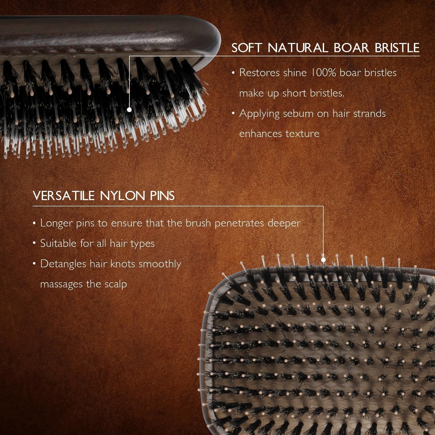 Norsewood Boar Bristle Hair Brush Set, Soft Bristle Detangler for Long, Short, Thin, Curly, Straight, or Wavy,Hairbrush for Enhancing Shine,Great