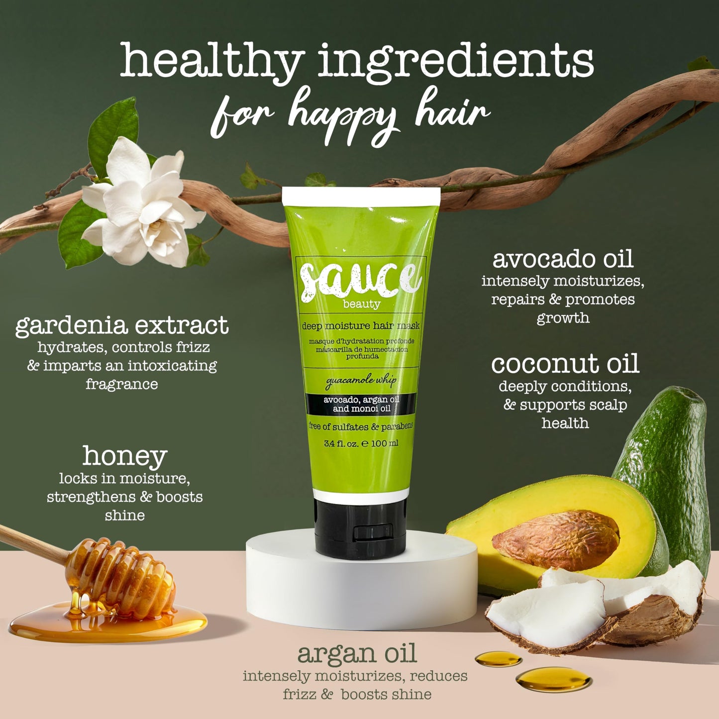 SAUCE Deep Conditioning Hair Mask for Dry Damaged Hair, Guacamole Whip (3.4 Fl Oz) Frizz Control with Avocado, Jarrah Honey, Monoi & Argan Oil, All Beauty and Personal Care SAUCE BEAUTY