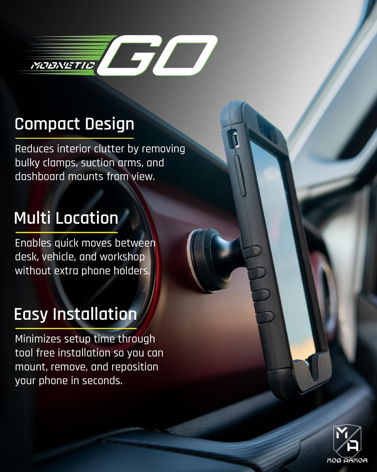 Mob Armor MobNetic Go Magnetic Phone Car Holder with Metal Plate - Strong Magnetic Base, Aircraft Grade Aluminum, Car Dashboard & Metal Surface…