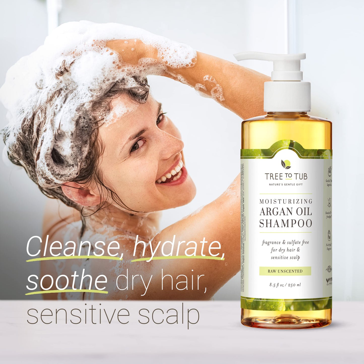 Tree to Tub Fragrance Free Shampoo for Dry & Sensitive Scalp - Gentle Unscented Hydrating Hair Shampoo for Women & Men, Moisturizing Sulfate Free