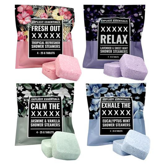 Explicit Essentials Shower Steamers Gift Set - 4 Funny Handmade Aromatherapy Shower Bombs - Relaxation & Stress Relief Spa Gift for Self-Care Beauty and Personal Care Explicit Essentials