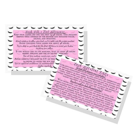 Lash Lift + Tint Aftercare Instruction Cards | 50 Pack | 2 x 3.5” inches Business Card Size | Eyelash Lift and Tint Kit at home diy aftercare supplies