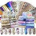 Bagvhandbagro 100 Sheets Nail Foil Transfer Sticker Kit, Art Decals Tips Starry Sky Laser Flower Leopard Print DIY Decorations Supplies Design