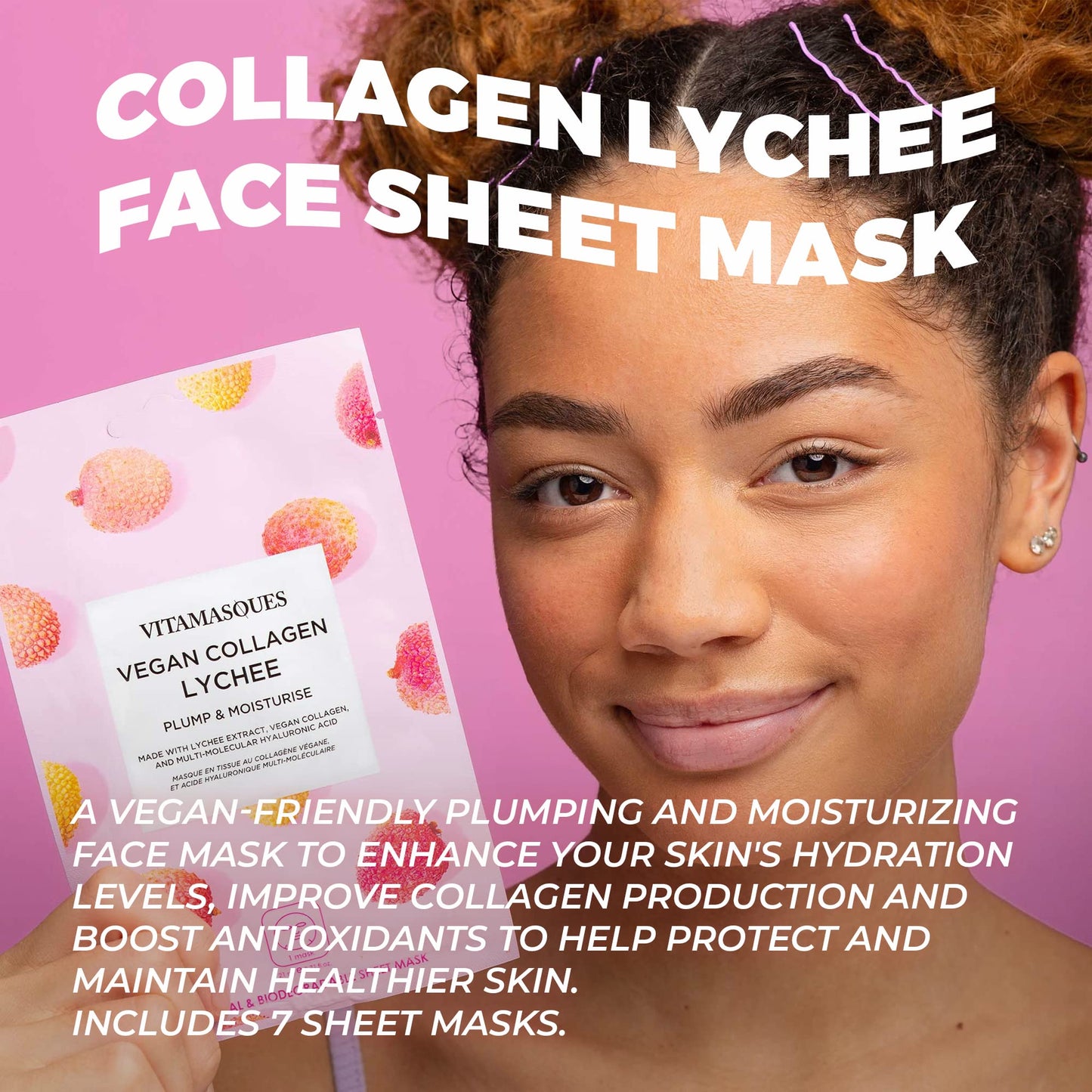 Vitamasques Korean Collagen Face Mask - Hydrating & Moisturizing Korean Sheet Mask with Lychee & Hyaluronic Acid - Vegan Facial Skincare for Firming