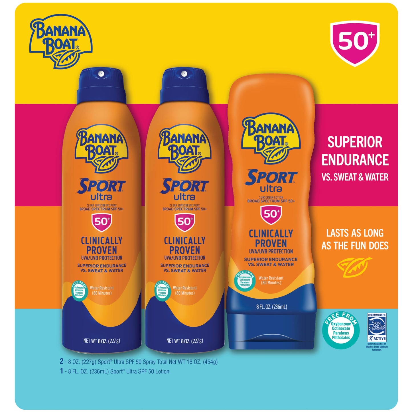 Banana Boat Sport Ultra SPF 50 Sunscreen Triple Pack | Includes 2 Sunscreen Sprays & 1 Lotion SPF 50, Sunblock, Water Resistant, Oxybenzone-Free, 8oz