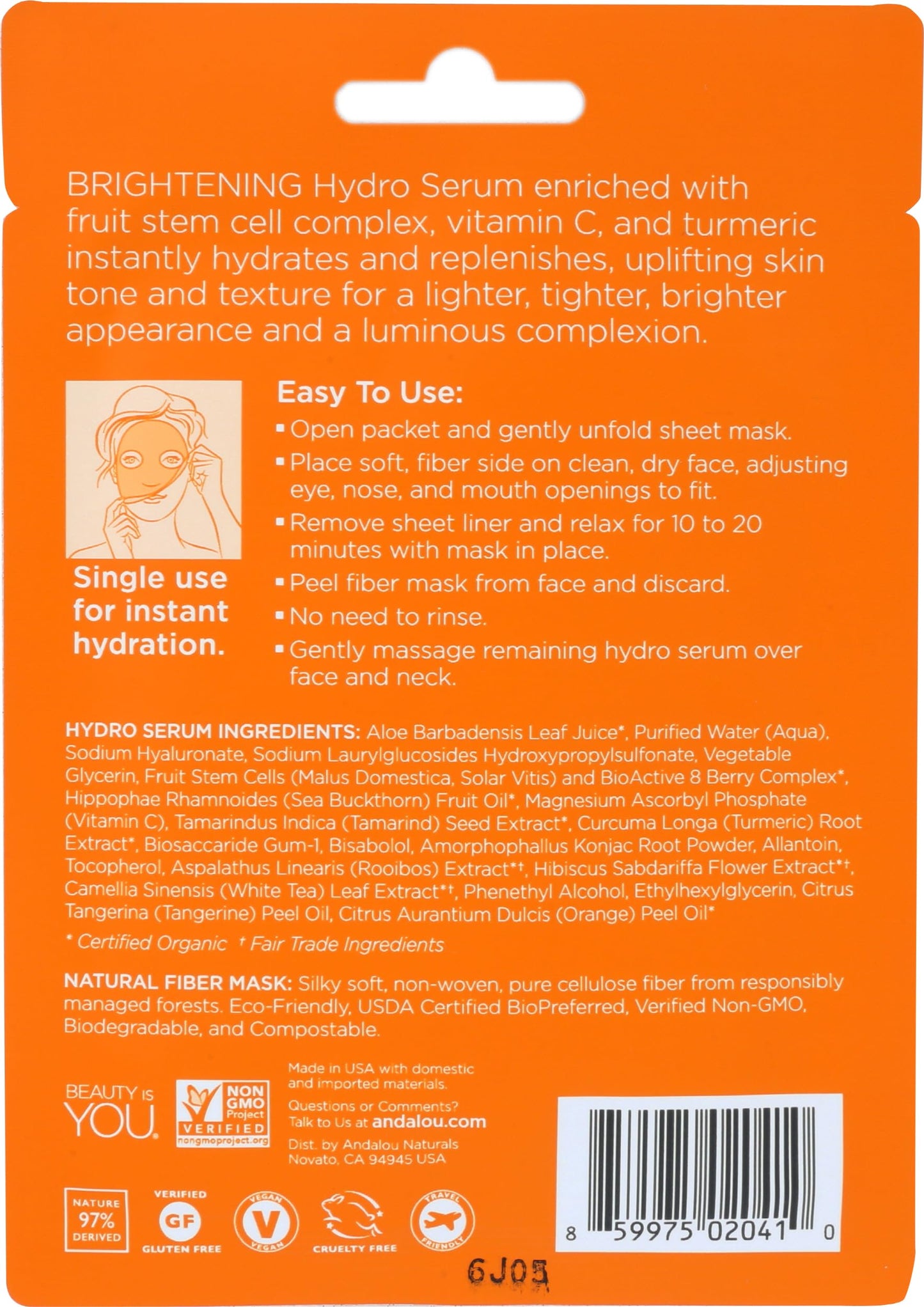 Andalou Naturals Instant Brighten & Tighten Hydro Serum Facial Mask, 0.6 Fluid Ounce