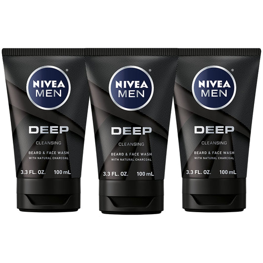NIVEA MEN DEEP Cleansing Beard and Face Wash, Enriched with Natural Charcoal, 3 Pack of 3.3 Fl Oz Tubes