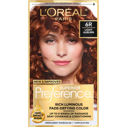 L'Oreal Paris Superior Preference Luminous Fade-Defying Permanent Hair Color, Hair Dye For Up to 9 Weeks of Radiance, Light Auburn 6R, 1 Hair Dye Kit