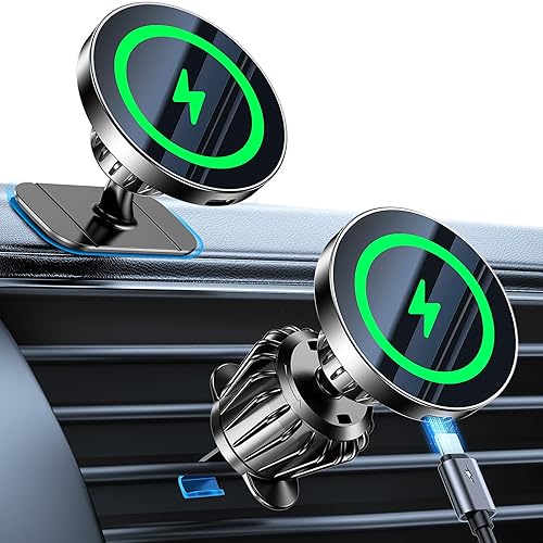 Kaistyle for MagSafe Car Mount Charger【Stronger Magnets】iPhone Magnetic Wireless Car Charger【Dashboard+Vent】 for Magsafe Charger Cell Phone Car Mount…