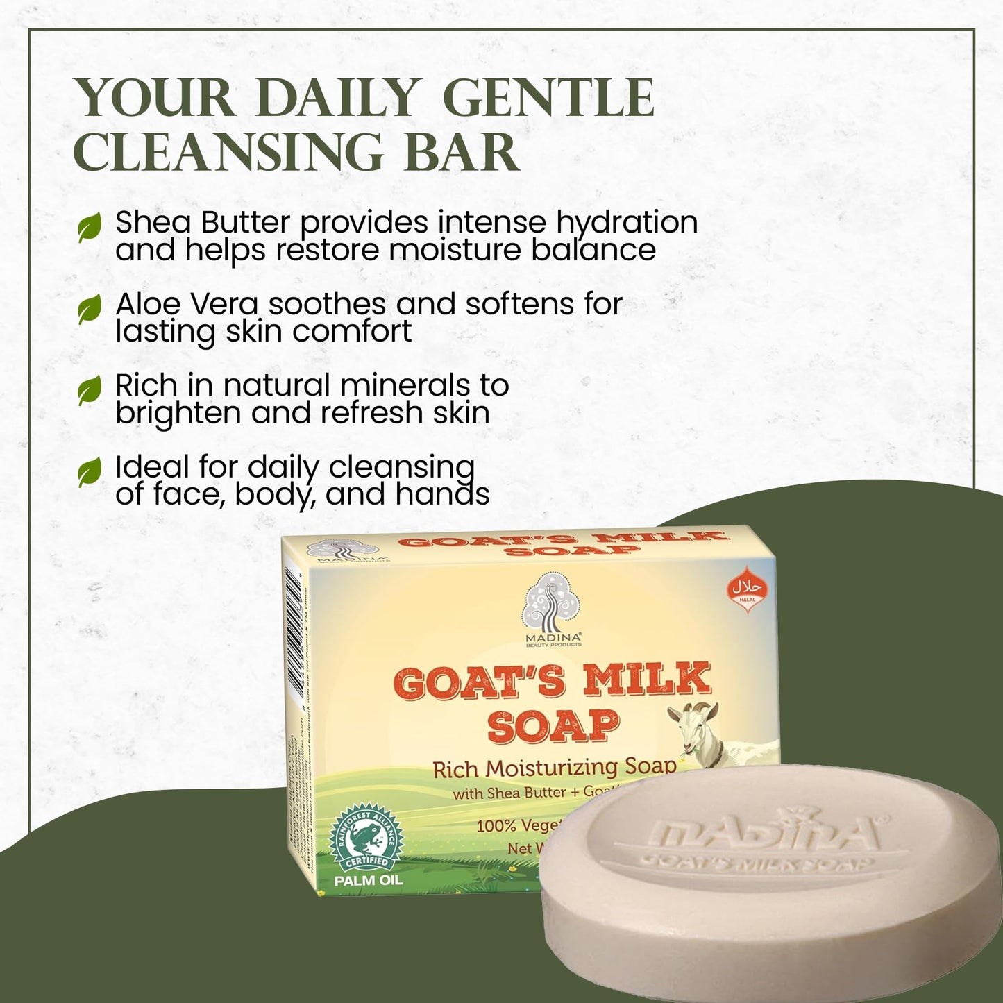 Madina Goat Milk Soap Bar - Hydrating, Moisturizing, Nourishing, Natural Vegetable-Based, Gentle Cleanser for All Skin Types, RSPO & Halal, 6 Pack
