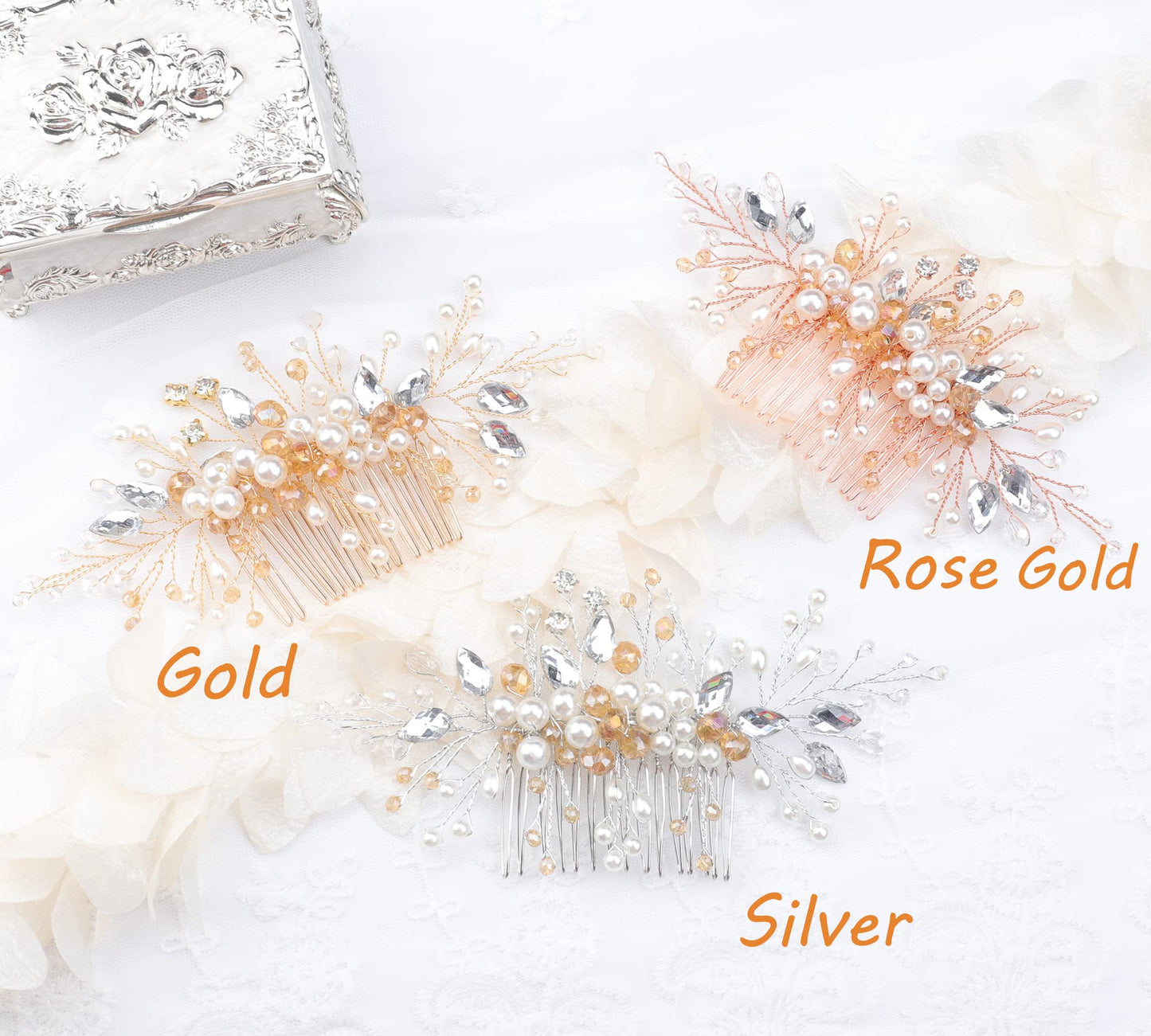 Kercisbeauty Wedding Bridal Bridesmaids Flower Girl Crystal and Pearl Side Hair Comb Slide Headpiece Long Curly Bun Hair Accessories for Prom (Rose