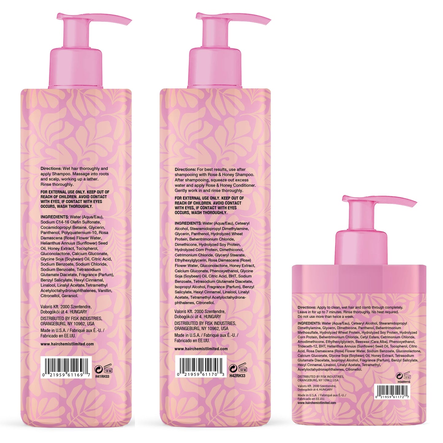Hair Chemist Rose & Honey Deluxe 3-PC Hair Care Collection - Includes Shampoo 33.8oz & Conditioner 33.8oz & Hair Mask 15oz