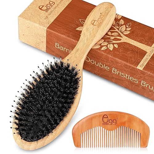 BLACK EGG Boar Bristle Brush for Wet/Dry Hair - Smoothing, Massaging, Detangling, Reduce Frizz, Restore Shine - Bamboo Brush for Women, Men, Kids