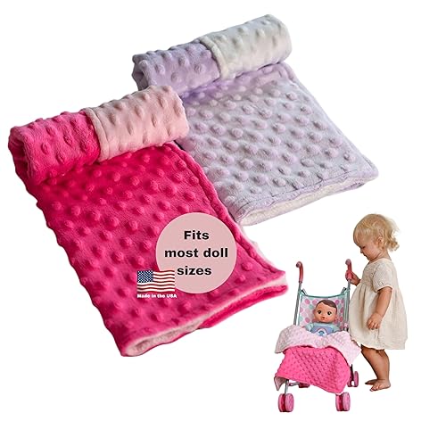 Baby Doll Blanket Set for 18 Inch, 15 Inch, and 12 Inch Dolls. Includes 2 Miniature, Plush, and Reversible 17" Baby Doll Blankets for Pretend Play.