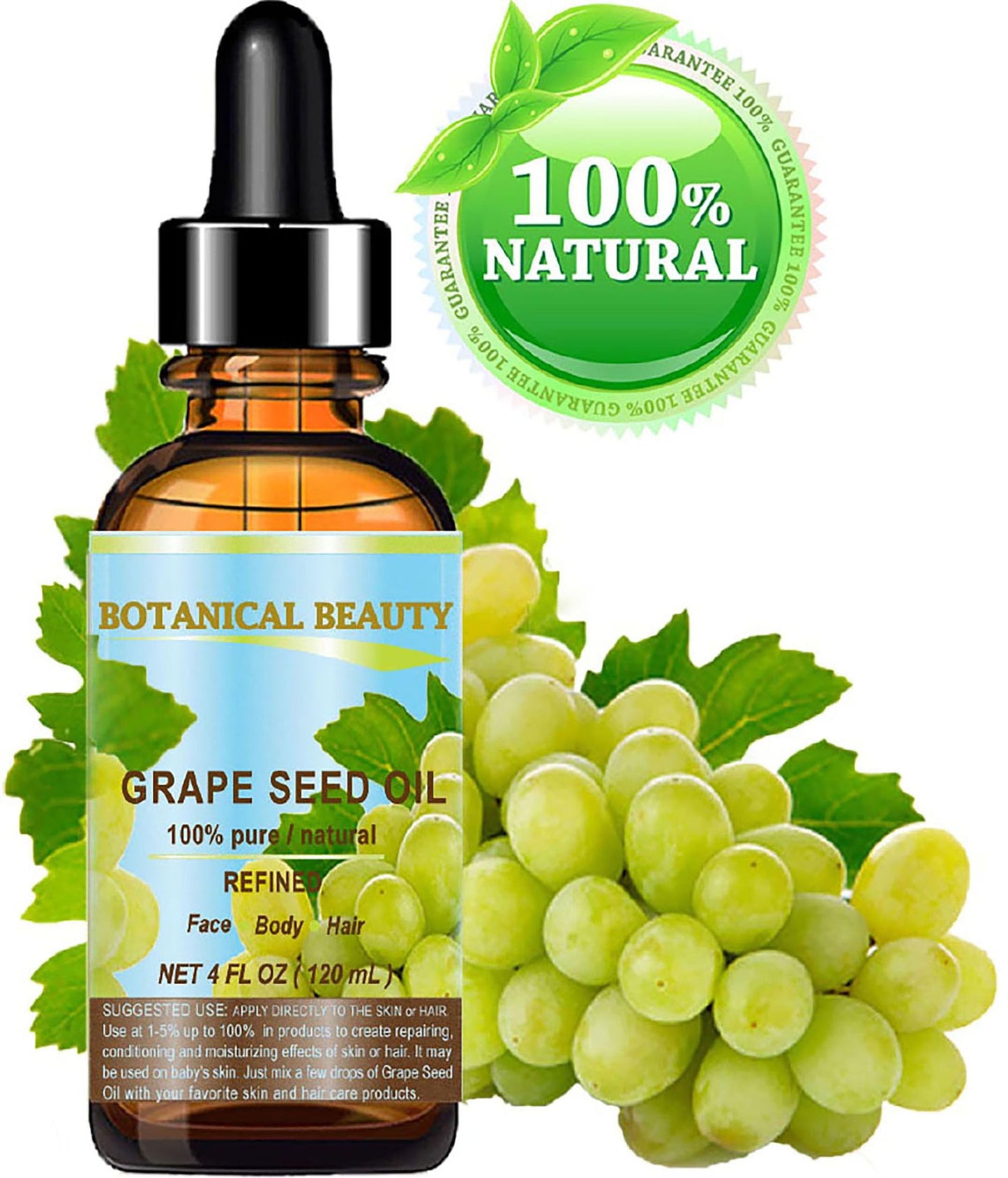 Botanical Beauty GRAPE SEED OIL 100% Pure Natural Undiluted Refined Cold Pressed Carrier Oil for Face, Skin, Body, Hair, Massage, Lip, Nails. 4 Fl