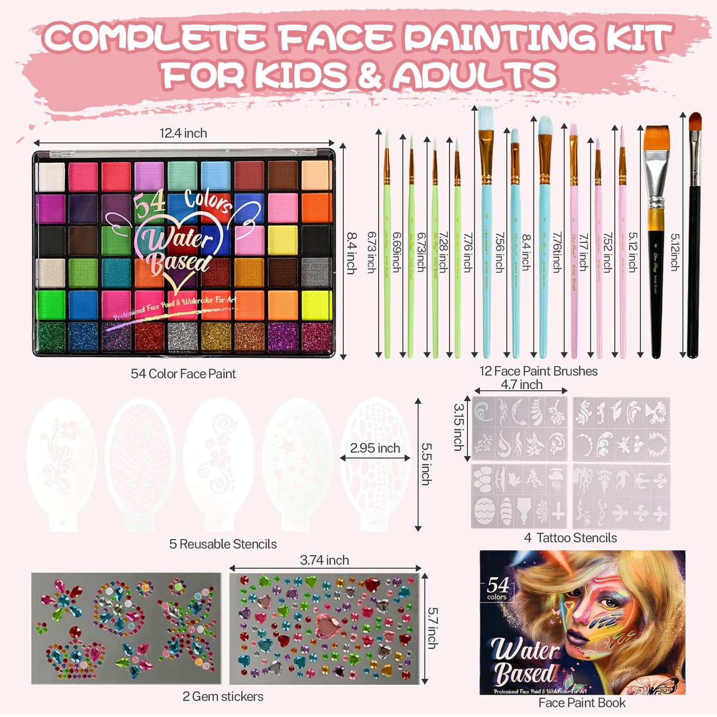 KNLDEFV 54 Color Kids Face Painting Kit, Non Toxic Water Activated Face Paint Palette with Stencils, Brush, Sparkle Gems. Perfect for Birthday