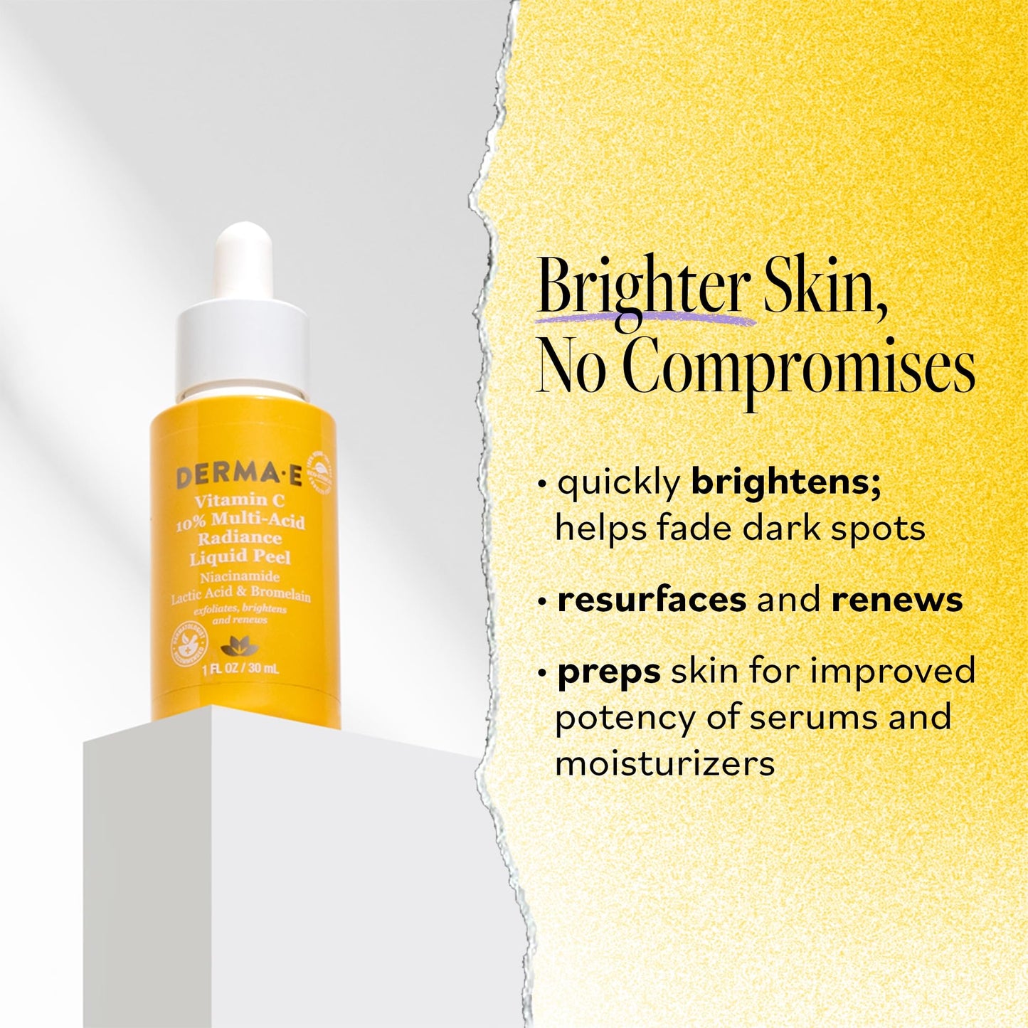 DERMA E Vitamin C 10% Multi-Acid Radiance Liquid Peel with Lactic Acid, 1 Fl Oz, Niacinamide & Bromelain, Exfoliating & Brightening Facial Peel