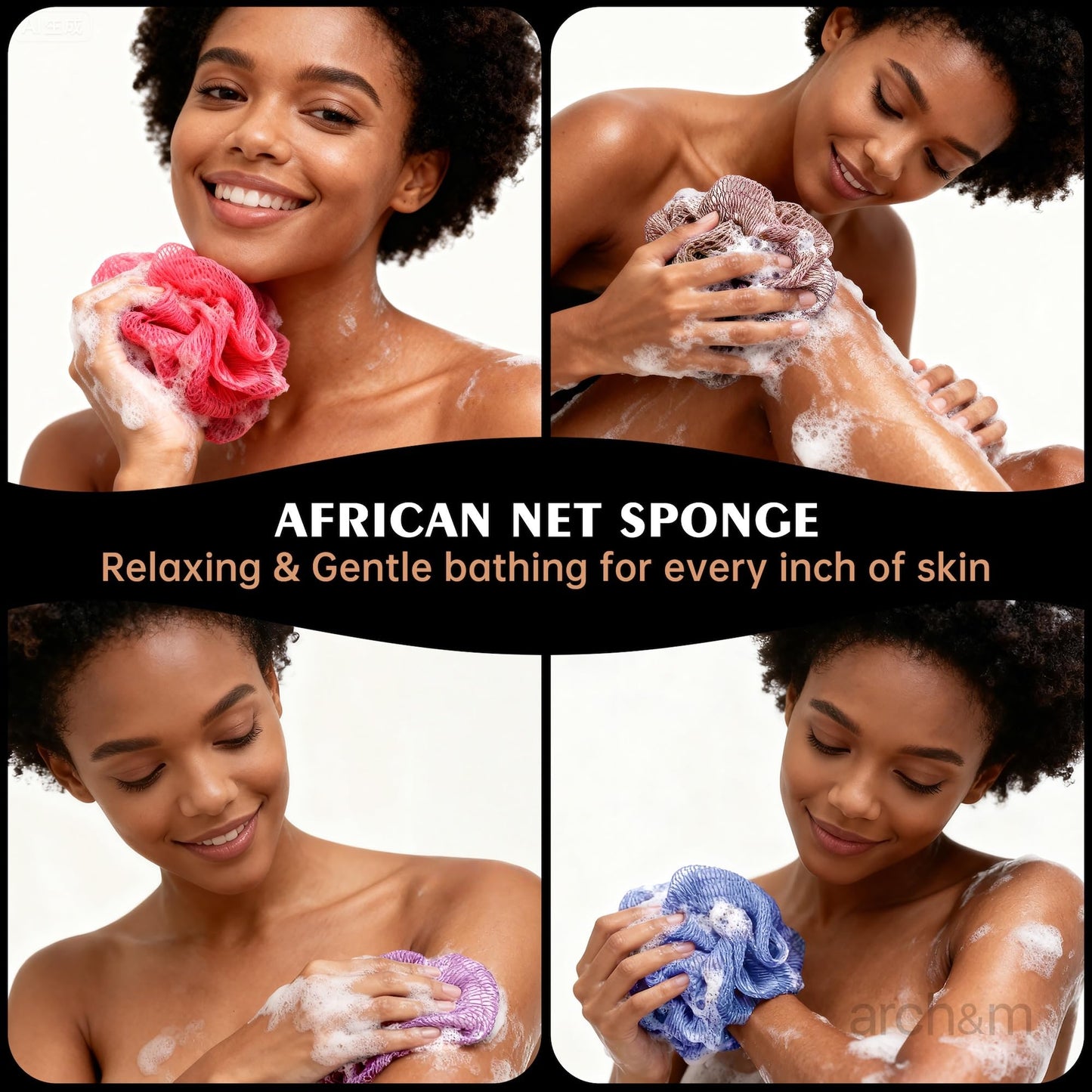 ARCH&M African Net Sponge Authentic, Shower Back Scrubber, Black, 2 Pack Beauty and Personal Care ARCH&M