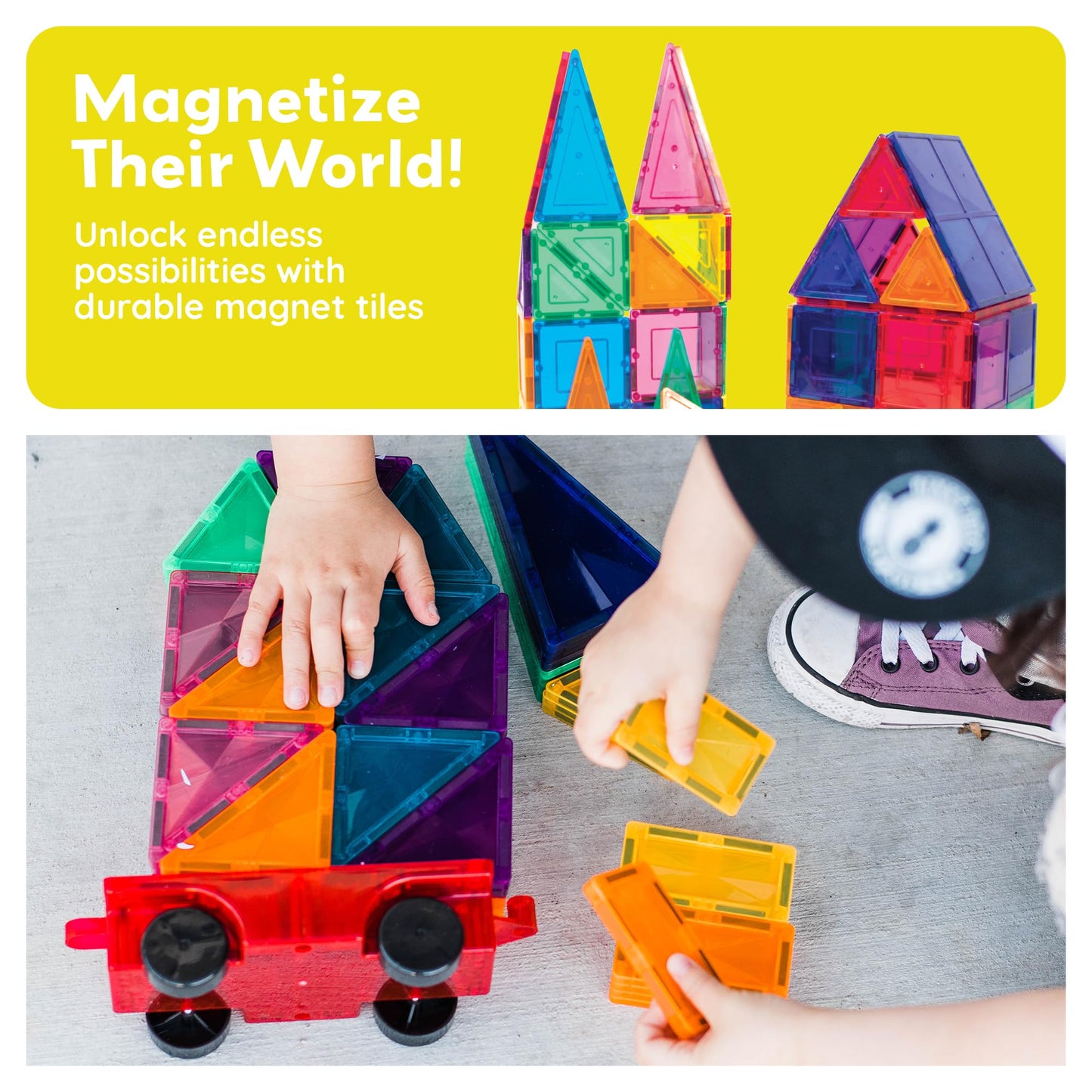PicassoTiles 2pc Car Truck Set – Magnetic Vehicles with Reinforced Hitch & Long Bed, STEM Building Toy for Kids Ages 3+