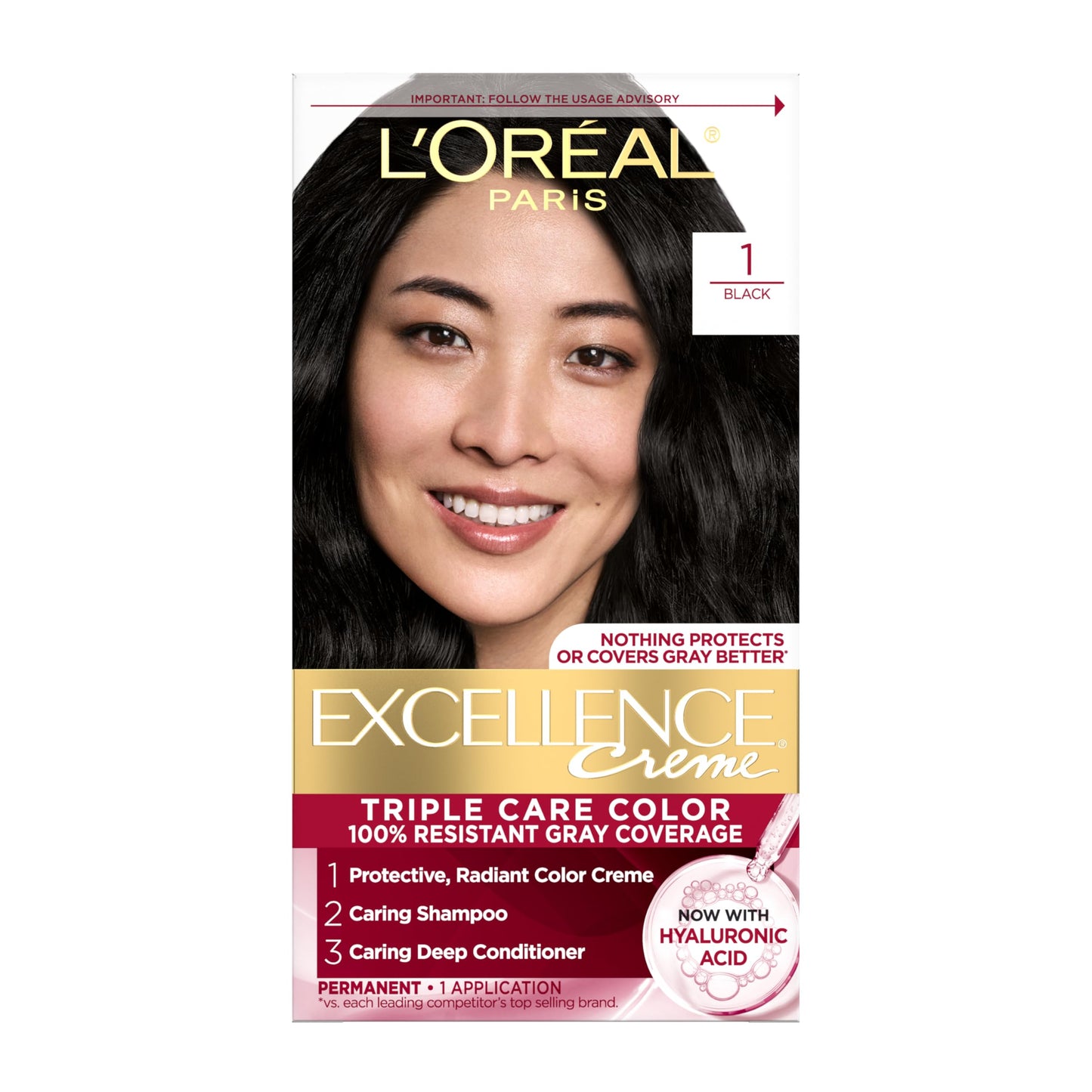 L'Oreal Paris Excellence Crème Permanent Hair Dye, Triple Care Hair Color with Hyaluronic Acid for 100% Gray Coverage, 1 Black, 1 Kit (Packaging May