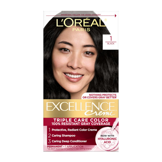 L'Oreal Paris Excellence Crème Permanent Hair Dye, Triple Care Hair Color with Hyaluronic Acid for 100% Gray Coverage, 1 Black, 1 Kit (Packaging May