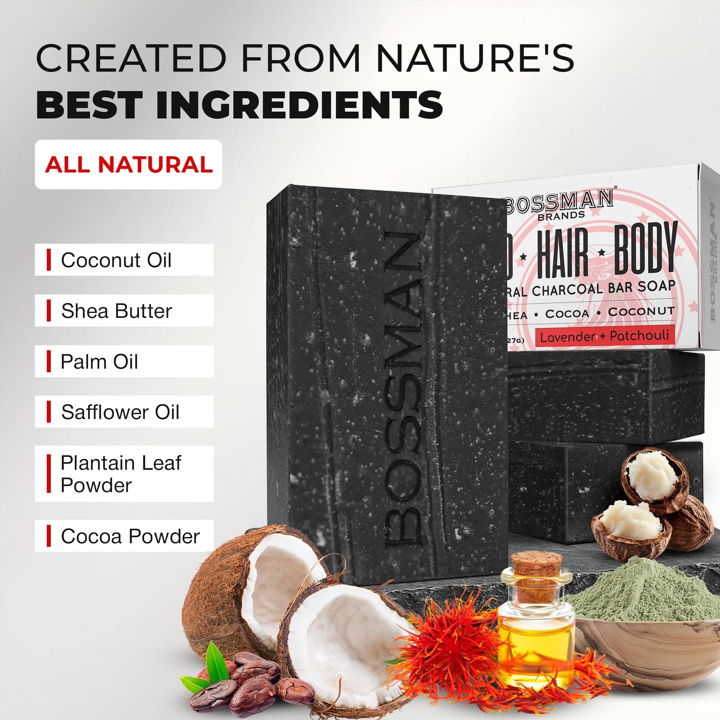 Bossman 3-Pack 4-in-1 Charcoal Soap Bar (4 oz) - Bar Soap for Men - All-Natural Beard Wash, Shampoo, Body Wash & Shaving Solution - Lavender