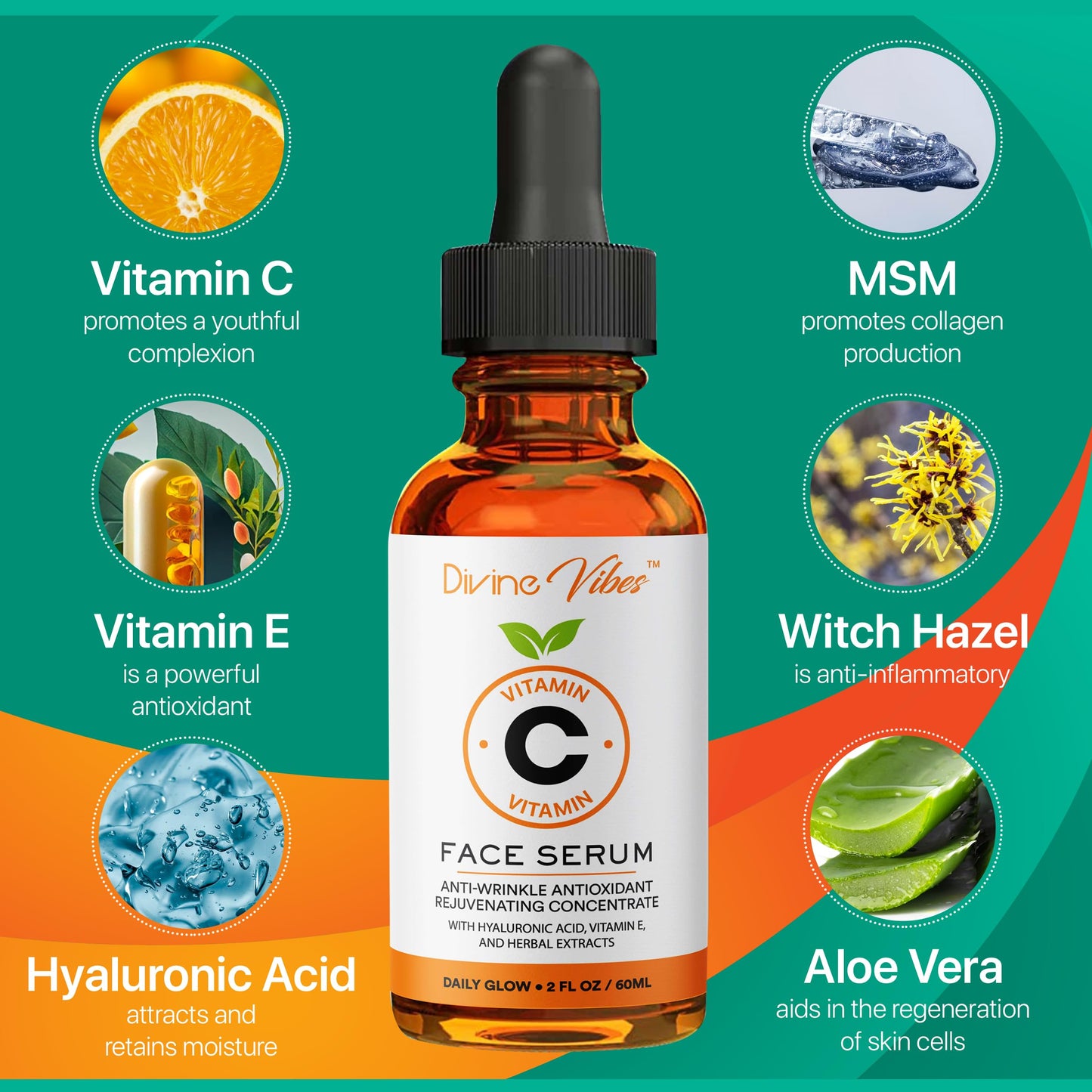 100% Pure Vitamin C Serum for Face - Face Serum for Fine Lines with Hyaluronic Acid, Vitamin E, Herbal Antioxidant Extracts - Smooth, Tight, Firm