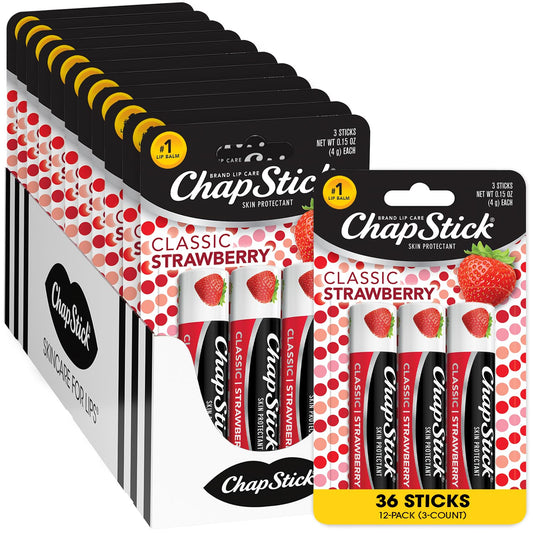 ChapStick Lip Moisturizer, Classic Strawberry 3-Packs (12 Sets/36 Tubes) - Bulk Lip Balm, Fruity & Sweet, 0.15 Oz Ea Beauty and Personal Care ChapStick