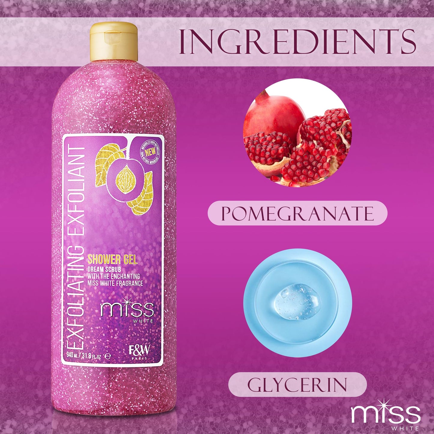 FAIR & WHITE Miss White Exfoliating Shower Gel 940ml/31.8 Fl Oz - Formulated to Exfoliate Skin, with Pomegranate and Glycerin