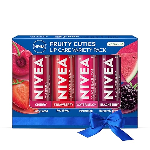NIVEA Lip Care, Fruity Tinted Lip Balm Variety Pack, Cherry, Strawberry, Blackberry and Watermelon Flavors, 3-in-1 Moisture, Repair and Color, 0.17 Oz